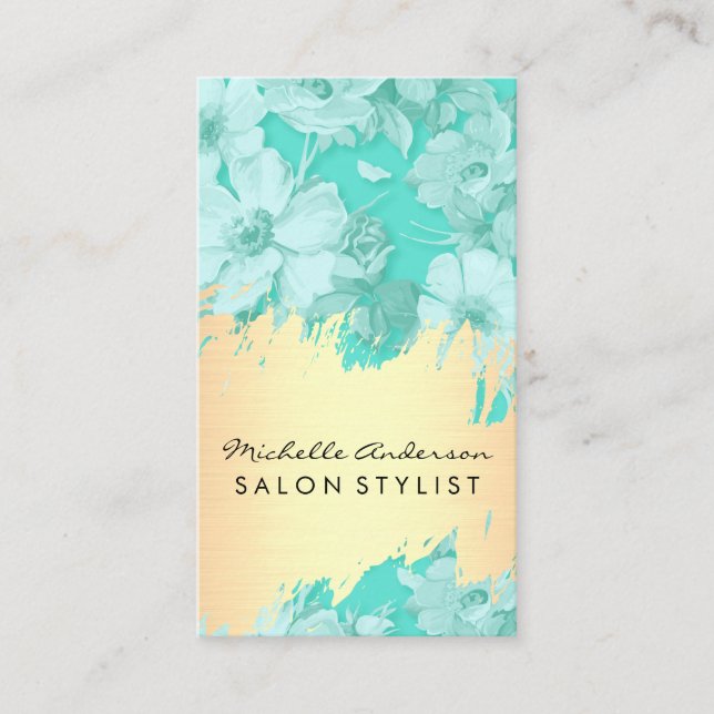 Gold Brushed Elegant Floral Pattern Salon Business Card (Front)