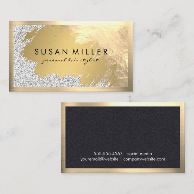 Gold Brushed Leather Gold Border Business Card (Front/Back)