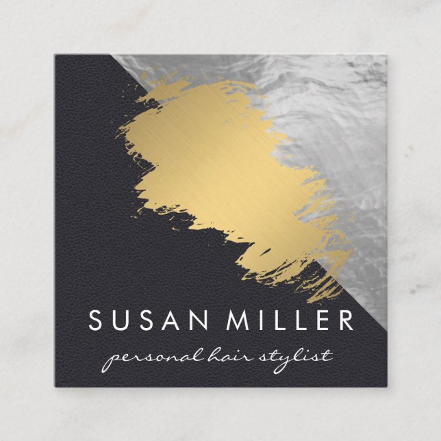 Gold Brushed Leather Metallic Square Business Card (Front)