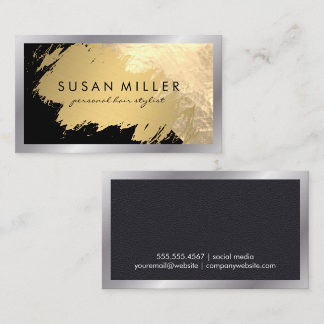 Gold Brushed Leather | Silver Borders Business Card (Front/Back)