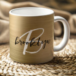 Gold Brushed Metal Black White Script Monogram  Coffee Mug<br><div class="desc">This elegant personalized coffee mug features a monogram and first name in modern black and white script on a gold brushed metal background.</div>