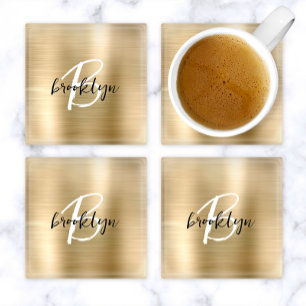 Gold Brushed Metal Black White Script Monogram  Glass Coaster