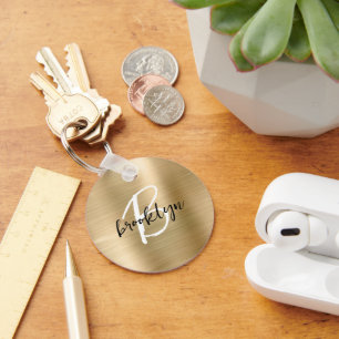 Gold Brushed Metal Black White Script Monogram  Keychain