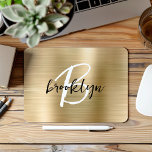 Gold Brushed Metal Black White Script Monogram  Mouse Pad<br><div class="desc">This elegant personalized mouse pad features a monogram and first name in modern black and white script on a glam gold brushed metal background.</div>