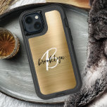 Gold Brushed Metal Black White Script Monogram iPhone 15 Pro Max Case<br><div class="desc">This elegant personalized phone case features a monogram and first name in modern black and white script on a gold brushed metal background.</div>