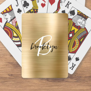 Gold Brushed Metal Black White Script Monogram  Playing Cards
