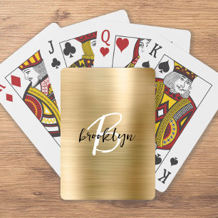 Gold Brushed Metal Black White Script Monogram  Playing Cards