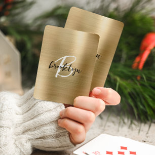 Gold Brushed Metal Black White Script Monogram Playing Cards