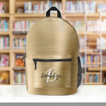 Gold Brushed Metal Black White Script Monogram  Printed Backpack<br><div class="desc">This personalized backpack features a monogram and first name in modern black and white script on an elegant gold faux brushed metal background.</div>