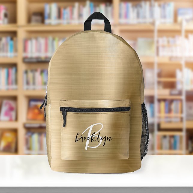Gold Brushed Metal Black White Script Monogram  Printed Backpack (Creator Uploaded)