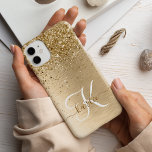 Gold Brushed Metal Glitter Monogram Name Case-Mate iPhone 14 Case<br><div class="desc">Easily personalize this trendy chic phone case design featuring pretty gold sparkling glitter on a gold brushed metallic background.</div>