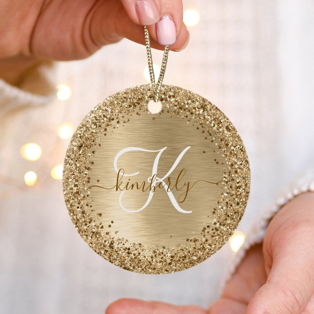 Gold Brushed Metal Glitter Monogram Name Ceramic Ornament (Creator Uploaded)