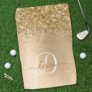 Gold Brushed Metal Glitter Monogram Name Golf Towel