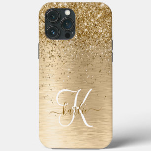 Gold Brushed Metal Glitter Monogram Name iPhone 13 Pro Max Case