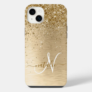 Gold Brushed Metal Glitter Monogram Name iPhone 14 Plus Case