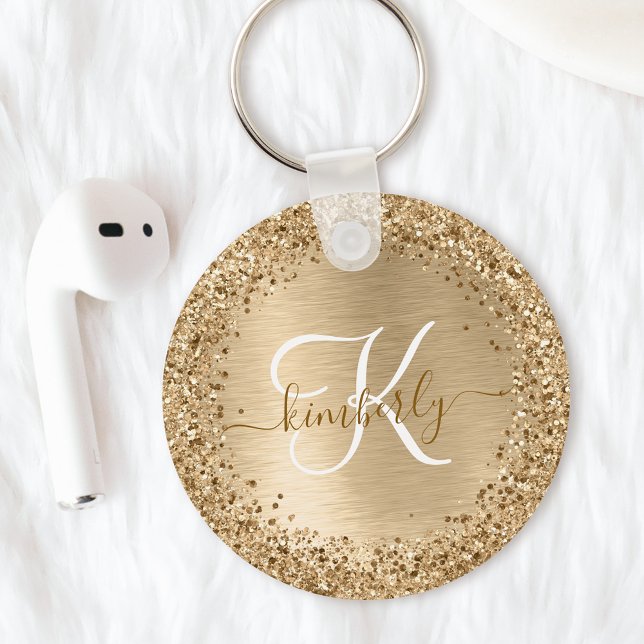 Gold Brushed Metal Glitter Monogram Name Keychain (Creator Uploaded)