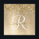 Gold Brushed Metal Glitter Monogram Name Magnet<br><div class="desc">Easily personalize this trendy chic magnet design featuring pretty gold sparkling glitter on a gold brushed metallic background.</div>
