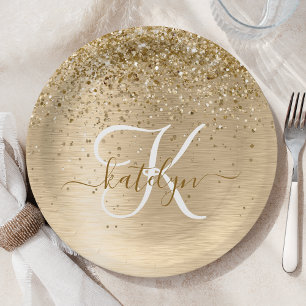  Gold Brushed Metal Glitter Monogram Name Paper Plate