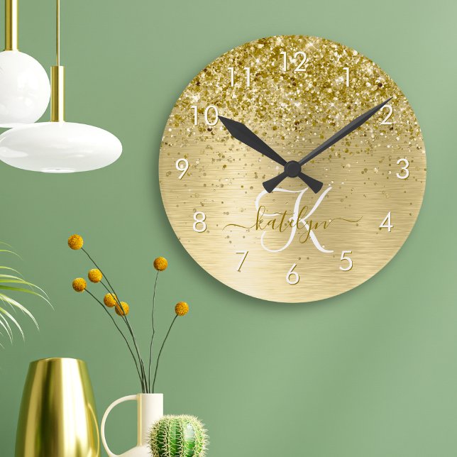 Gold Brushed Metal Glitter Monogram Name Round Clock (Creator Uploaded)