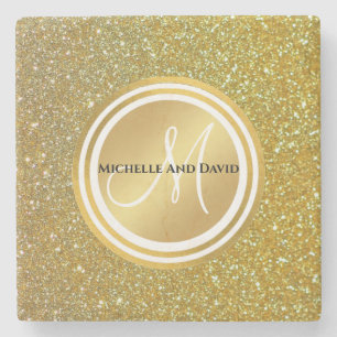 Gold Brushed Metal Glitter Monogram Name  Stone Coaster