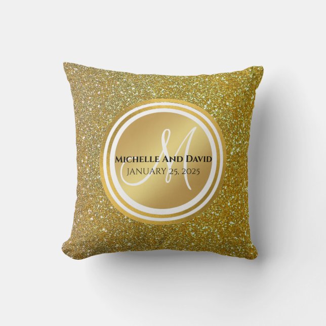 Gold Brushed Metal Glitter Monogram Name  Throw Pillow (Front)
