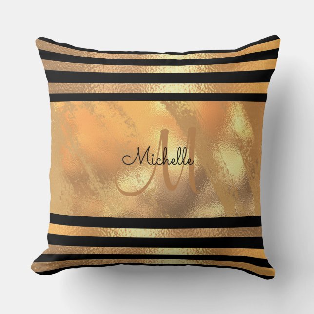 Gold Brushed Metal Glitter Monogram Name wedding Throw Pillow (Front)