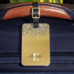 Gold Brushed Metal Glitter Monogram Script Luggage Tag<br><div class="desc">Personalize this luggage tag with your monogram name. Background is a gold brushed metal with silver leopard glitter. Monogram name on the front in script font and address and phone number on the back. Designed for you by Blackberry Boulevard.</div>
