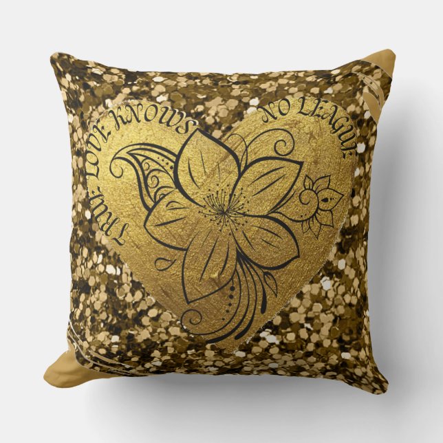 Gold Brushed Metal Glitter Newly Wed Love Throw Pillow (Front)