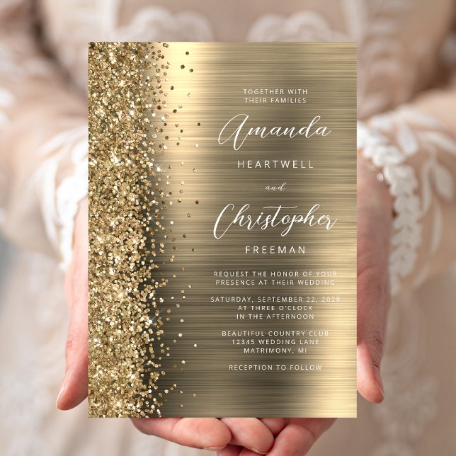 Gold Brushed Metal Glitter Script Wedding Invitation (Creator Uploaded)
