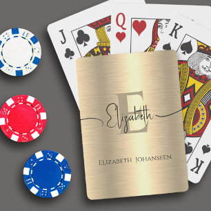 Gold Brushed Metal Monogram Black Script Name Glam Playing Cards
