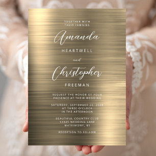 Gold Brushed Metal Script Wedding Invitation