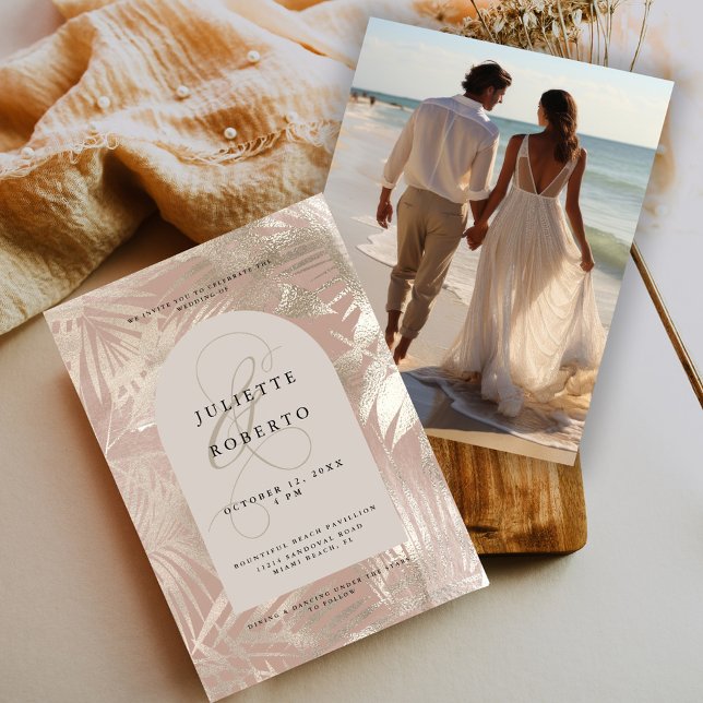 Gold Brushed Tropical Palm Leaf Summer Wedding Invitation (Creator Uploaded)