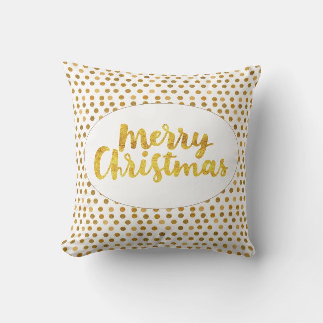 Gold Brushscript Merry Christmas Dots Pattern Throw Pillow (Front)