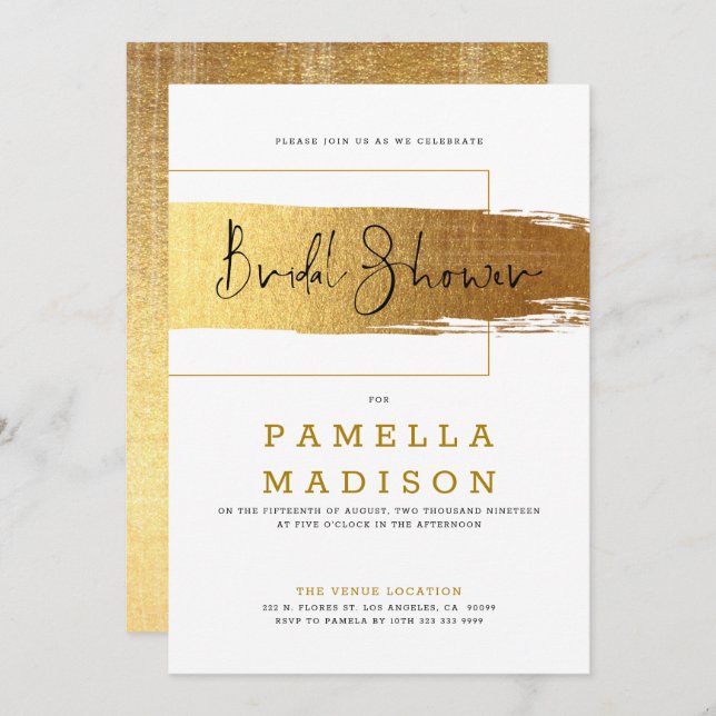 Gold brushstroke & modern black typography invitation (Front/Back)