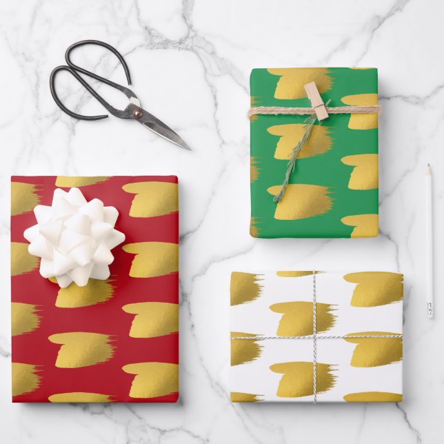 Gold brushstroke - Red, Green & White Christmas Wrapping Paper Sheet (Front)