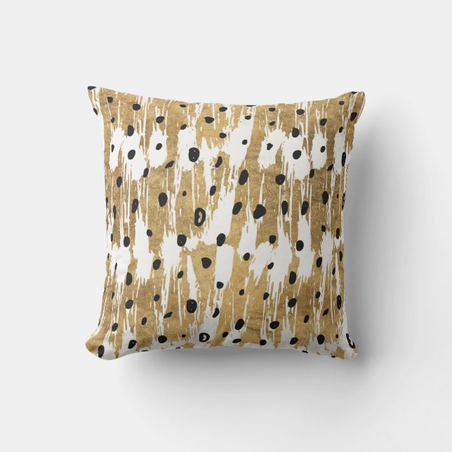 Gold Brushstrokes Modern Artsy Polka Dots Outdoor Pillow (Front)
