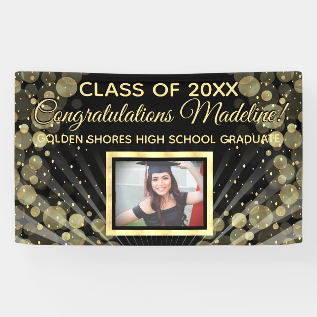 Gold Bubbles Rays Custom Photo Graduation Sign (Horizontal)