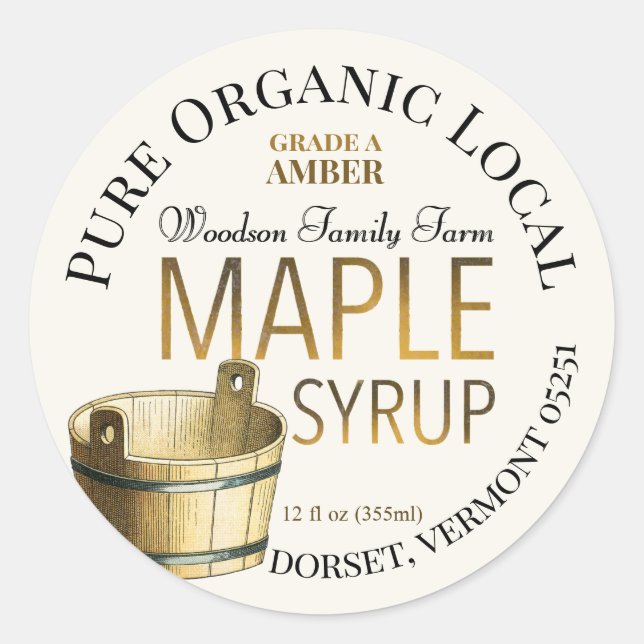 Gold Bucket State Name Editable Maple Syrup Label (Front)