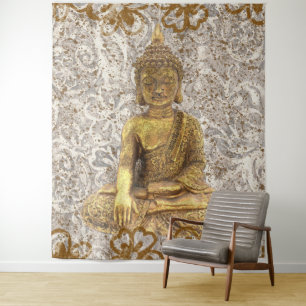 Gold Buddha Golden Floral Flowers Tapestry