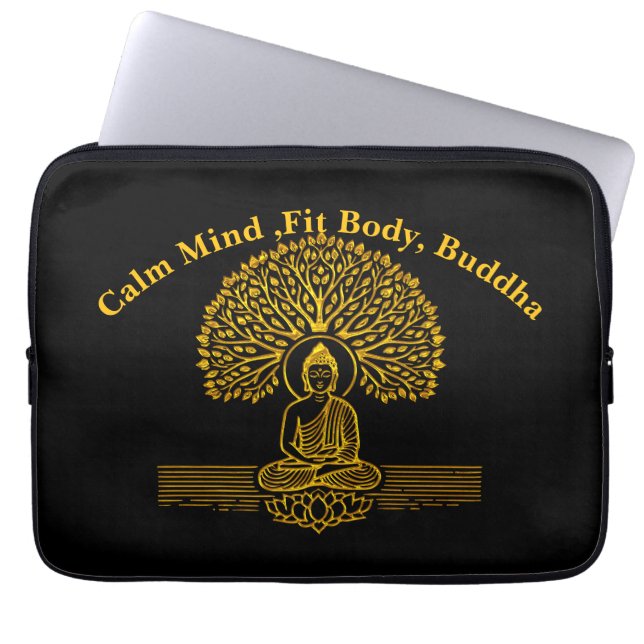 Gold Buddha Under a Tree With Lotus Flower Laptop Sleeve (Front)