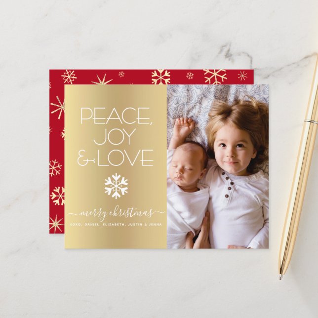 Gold Budget Christmas Photo Peace Joy Love Card (Front/Back In Situ)