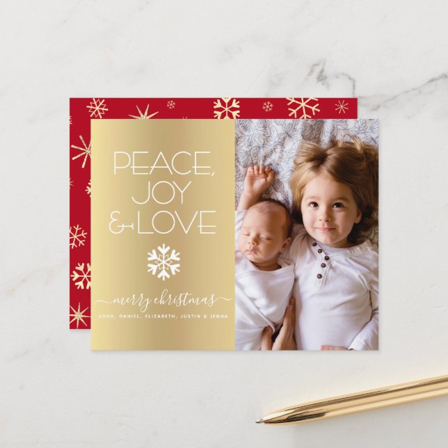 Gold Budget Noël Photo Paix Joie Carte d'amour (Devant/Arrière en situation)