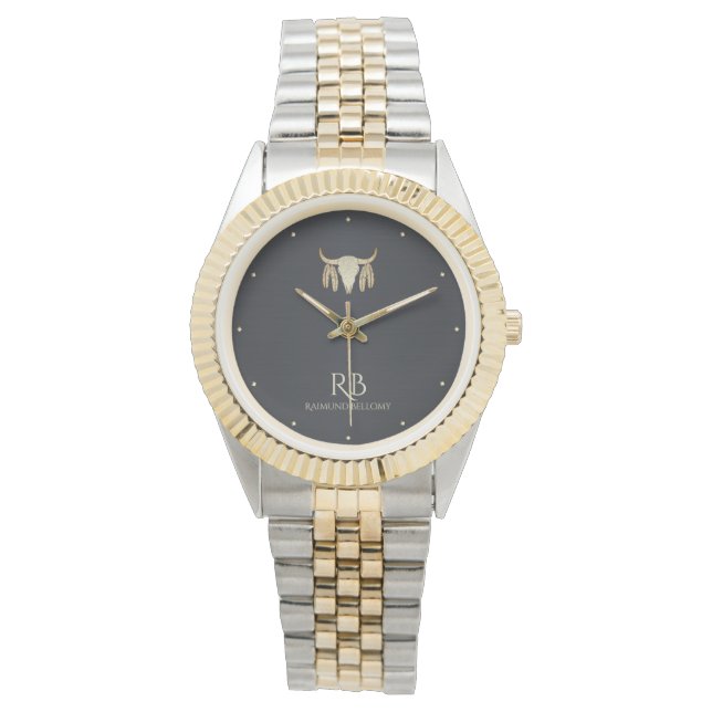 Gold Buffalo Skull Black Metallic Watch (Front)