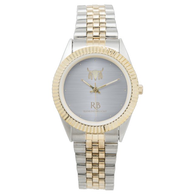 Gold Buffalo Skull Silver Metallic Watch (Front)