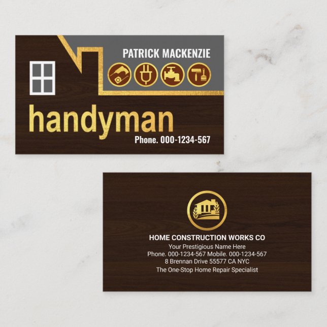 Gold Building Rooftop Handyman Tools Business Card (Front/Back)