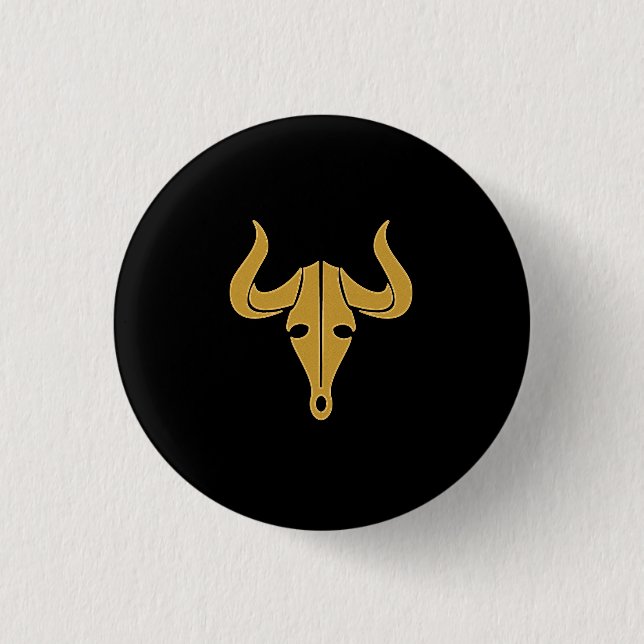 Gold bull with long horns 1 inch round button (Front)