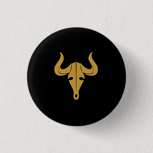 Gold bull with long horns 1 inch round button