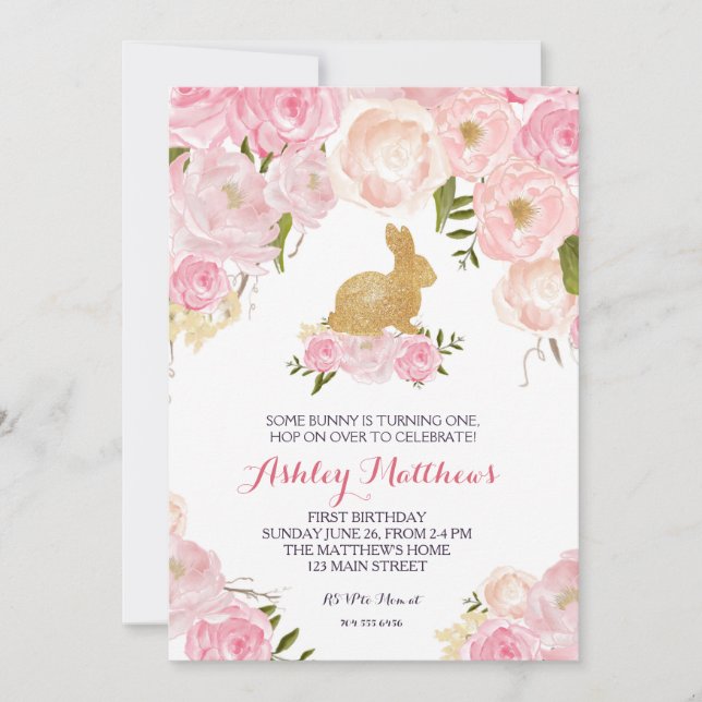 Gold Bunny birthday pink  Floral Invitation, Invitation (Front)