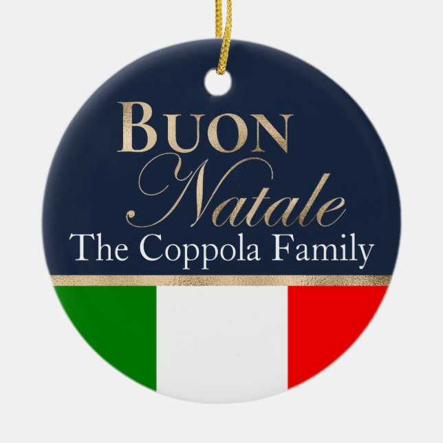 Gold Buon Natale Italian Flag Navy Blue Christmas Ceramic Ornament (Front)