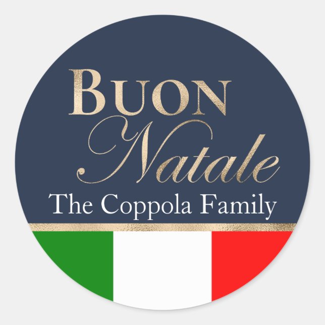 Gold Buon Natale Italian Flag Navy Blue Christmas Classic Round Sticker (Front)